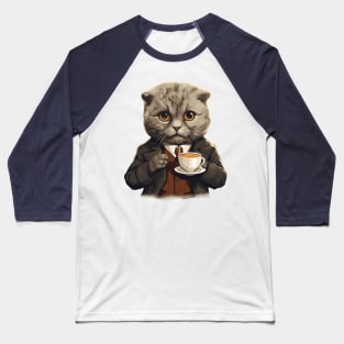 Scottish Fold Cat Drinking Coffee Baseball T-Shirt